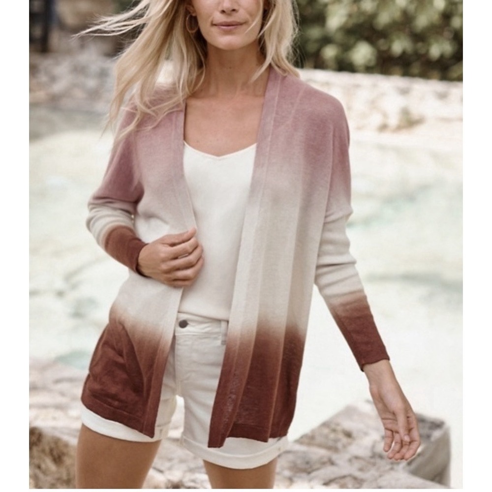 Garnet Hill Tidal 100% Linen Cardigan Ombre Dip Dye Desert Rose Neutral Topper M